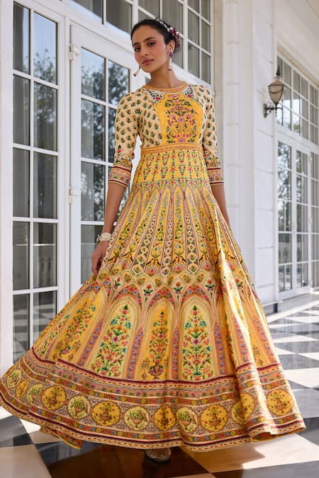 Kalista Yellow Net Sequins, Embroidery Round Neck Nehmat Anarkali Set With Dupatta at Aza Fashions Kalista_Yellow Net Sequins, Embroidery Round Neck Nehmat Anarkali Set With Dupatta _at_Aza_Fashions