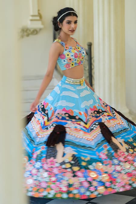 Buy House Of Akshata Blue Satin, Organza, Tissue Fabric Flowers, Sequins, Cyan Storyland Lehenga Set Online at Aza Fashions Buy_House Of Akshata_Blue Satin, Organza, Tissue Fabric Flowers, Sequins, Cyan Storyland Lehenga Set _Online_at_Aza_Fashions