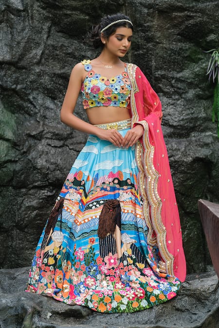 House Of Akshata Blue Satin, Organza, Tissue Fabric Flowers, Sequins, Cyan Storyland Lehenga Set 