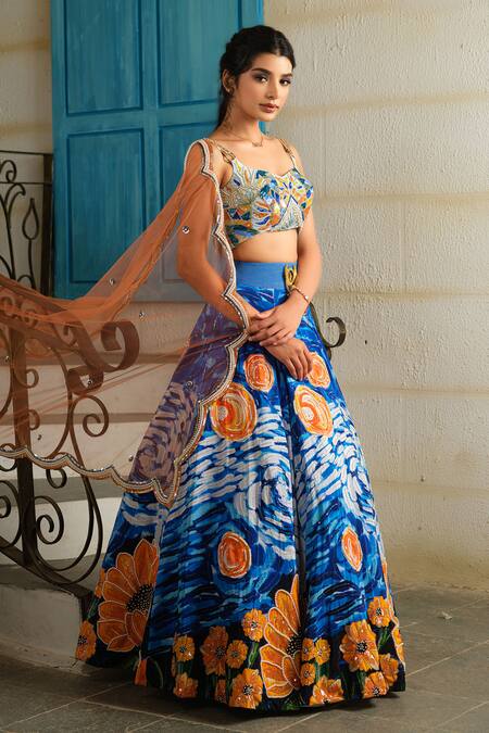 Shop_House Of Akshata_Blue Georgette, Net, Crepe Sequins, Embroidery The Starry Night Lehenga Set _Online_at_Aza_Fashions