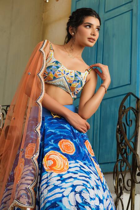 House Of Akshata_Blue Georgette, Net, Crepe Sequins, Embroidery The Starry Night Lehenga Set _at_Aza_Fashions