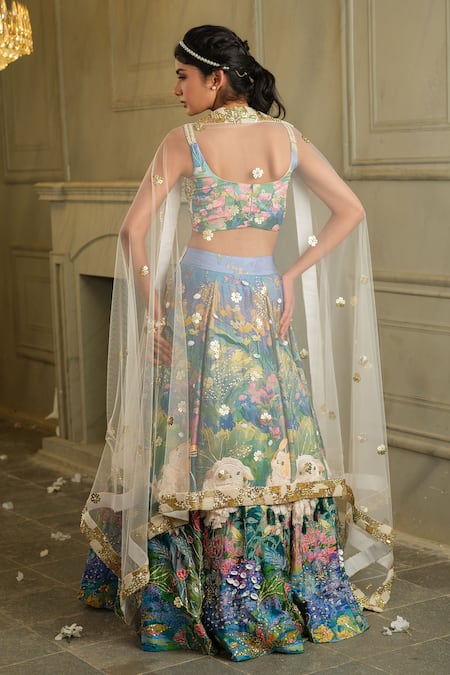 House Of Akshata Blue Georgette, Crepe, Net Embroidery, Sequins Baagbageecha Floral Lehenga Set Online at Aza Fashions House Of Akshata_Blue Georgette, Crepe, Net Embroidery, Sequins Baagbageecha Floral Lehenga Set _Online_at_Aza_Fashions