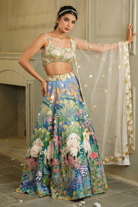 Shop House Of Akshata Blue Georgette, Crepe, Net Embroidery, Sequins Baagbageecha Floral Lehenga Set Online at Aza Fashions Shop_House Of Akshata_Blue Georgette, Crepe, Net Embroidery, Sequins Baagbageecha Floral Lehenga Set _Online_at_Aza_Fashions