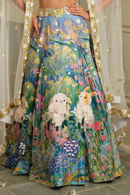 House Of Akshata Blue Georgette, Crepe, Net Embroidery, Sequins Baagbageecha Floral Lehenga Set at Aza Fashions House Of Akshata_Blue Georgette, Crepe, Net Embroidery, Sequins Baagbageecha Floral Lehenga Set _at_Aza_Fashions