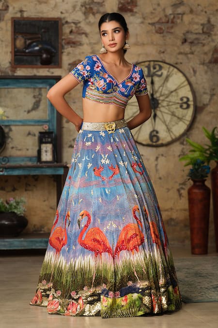 Buy_House Of Akshata_Blue Tissue, Georgette Embroidery Flamingo Print Lehenga Set _Online_at_Aza_Fashions