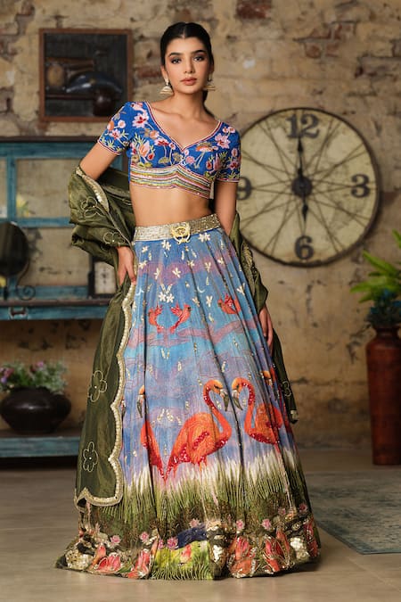 House of Akshata Flamingo Print Lehenga Set 