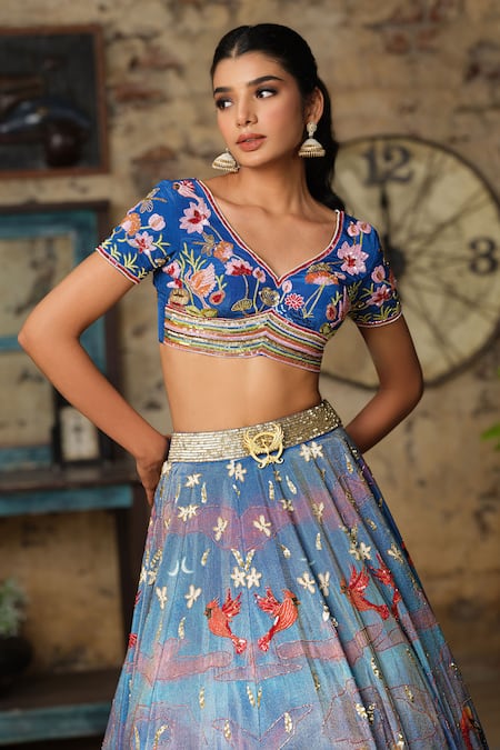 Shop_House Of Akshata_Blue Tissue, Georgette Embroidery Flamingo Print Lehenga Set _Online_at_Aza_Fashions