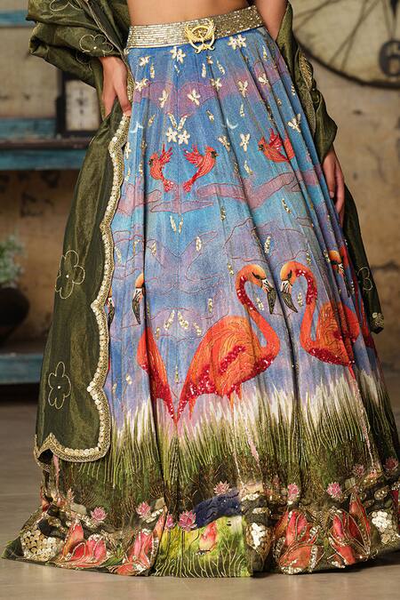 House Of Akshata_Blue Tissue, Georgette Embroidery Flamingo Print Lehenga Set _at_Aza_Fashions
