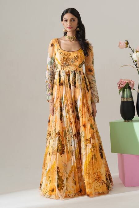 House Of Akshata Orange Organza Embroidery Scoop Neck Floral Printed Anarkali Set Online at Aza Fashions House Of Akshata_Orange Organza Embroidery Scoop Neck Floral Printed Anarkali Set _Online_at_Aza_Fashions