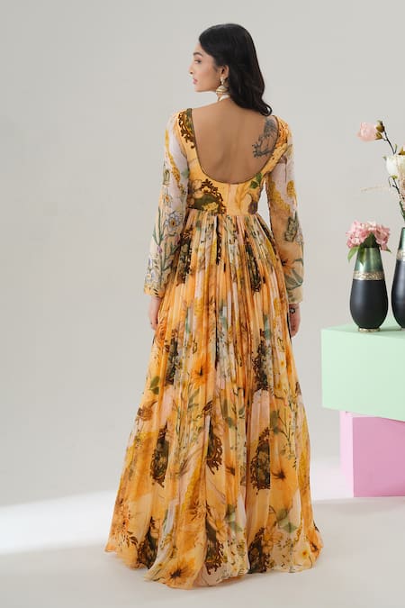 Shop House Of Akshata Orange Organza Embroidery Scoop Neck Floral Printed Anarkali Set at Aza Fashions Shop_House Of Akshata_Orange Organza Embroidery Scoop Neck Floral Printed Anarkali Set _at_Aza_Fashions