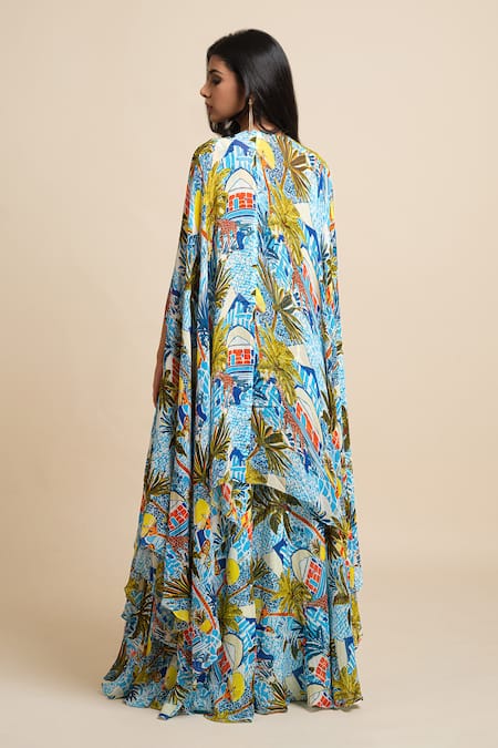 House Of Akshata Multi Color Georgette Round Neck Printed Cape And Sharara Set Online at Aza Fashions House Of Akshata_Multi Color Georgette Round Neck Printed Cape And Sharara Set _Online_at_Aza_Fashions