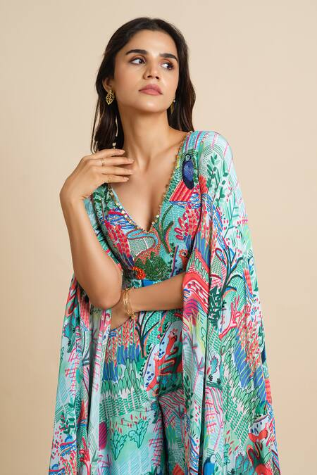 Shop_House Of Akshata_Multi Color Crepe V-neck Jumpsuit With Cape _Online_at_Aza_Fashions