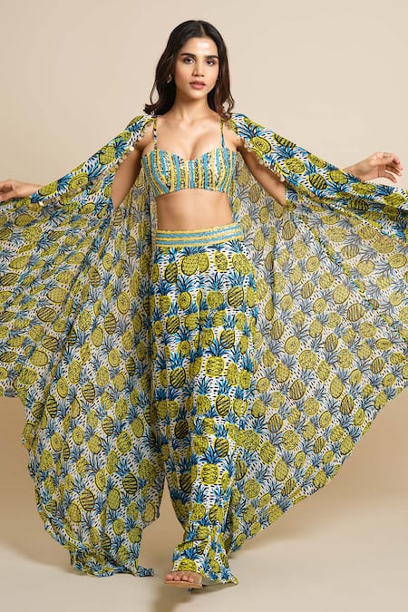 Shop House Of Akshata Multi Color Georgette Sweetheart Neck Pineapple Printed Blouse Cape Set Online at Aza Fashions Shop_House Of Akshata_Multi Color Georgette Sweetheart Neck Pineapple Printed Blouse Cape Set _Online_at_Aza_Fashions