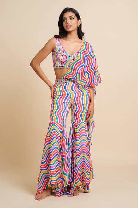 House Of Akshata_Multi Color Georgette Sequins, Beads Designer Pre-draped Sharara Saree Set _Online_at_Aza_Fashions