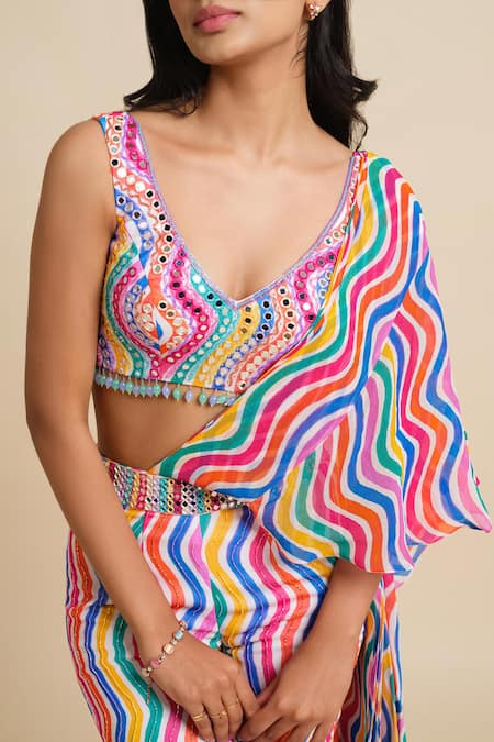 Buy_House Of Akshata_Multi Color Georgette Sequins, Beads Designer Pre-draped Sharara Saree Set _Online_at_Aza_Fashions