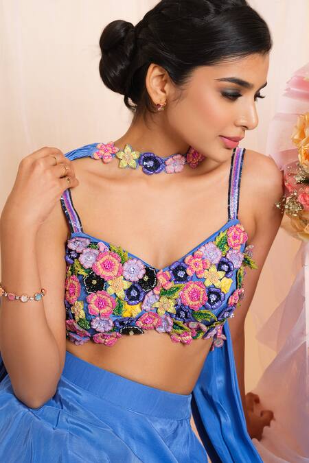 Buy House Of Akshata Blue Crepe Embroidery, Sequins V-neck Floral Ruffle Lehenga Set Online at Aza Fashions Buy_House Of Akshata_Blue Crepe Embroidery, Sequins V-neck Floral Ruffle Lehenga Set _Online_at_Aza_Fashions