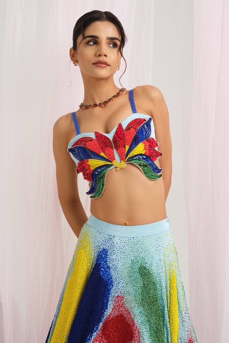 Shop House Of Akshata Multi Color Crepe, Net Sequins Sweetheart Neck Embroidered Lehenga Set Online at Aza Fashions Shop_House Of Akshata_Multi Color Crepe, Net Sequins Sweetheart Neck Embroidered Lehenga Set _Online_at_Aza_Fashions