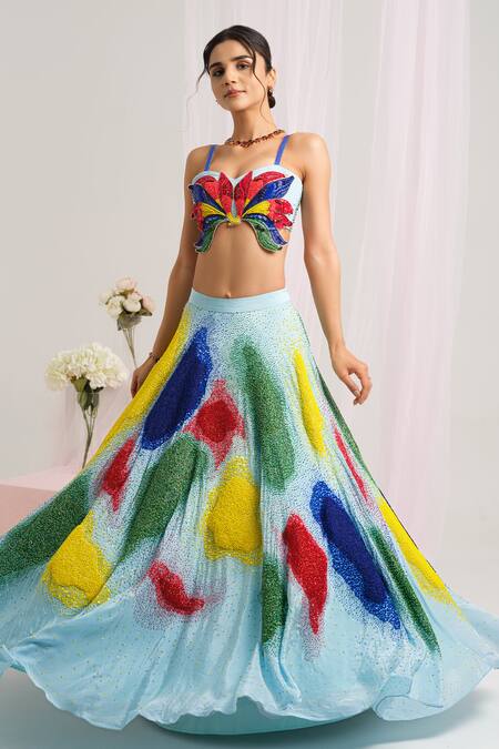 House Of Akshata Multi Color Crepe, Net Sequins Sweetheart Neck Embroidered Lehenga Set at Aza Fashions House Of Akshata_Multi Color Crepe, Net Sequins Sweetheart Neck Embroidered Lehenga Set _at_Aza_Fashions