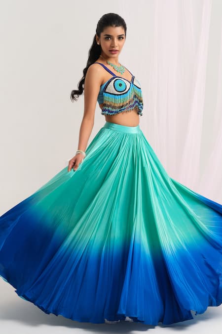 House Of Akshata Blue Georgette, Crepe Beads, Sequins Evil Eye Ombre Fusion Lehenga Set Online at Aza Fashions House Of Akshata_Blue Georgette, Crepe Beads, Sequins Evil Eye Ombre Fusion Lehenga Set _Online_at_Aza_Fashions