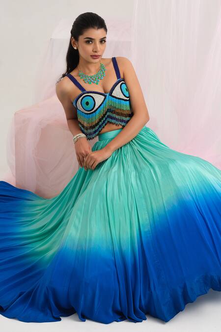Buy House Of Akshata Blue Georgette, Crepe Beads, Sequins Evil Eye Ombre Fusion Lehenga Set Online at Aza Fashions Buy_House Of Akshata_Blue Georgette, Crepe Beads, Sequins Evil Eye Ombre Fusion Lehenga Set _Online_at_Aza_Fashions