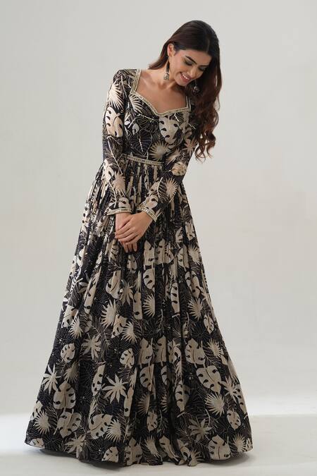 Shop_House Of Akshata_Black Organza, Satin Sweetheart Neck Floral Print Designer Gown _Online_at_Aza_Fashions