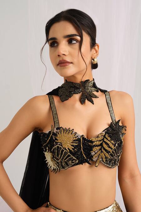 Buy House Of Akshata Black Organza, Satin Sequins, Embroidery Sweetheart Tropical Leaf Lehenga Set Online at Aza Fashions Buy_House Of Akshata_Black Organza, Satin Sequins, Embroidery Sweetheart Tropical Leaf Lehenga Set _Online_at_Aza_Fashions