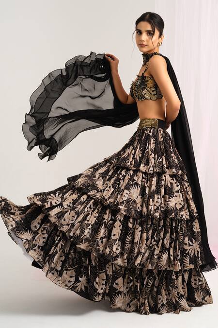 Shop House Of Akshata Black Organza, Satin Sequins, Embroidery Sweetheart Tropical Leaf Lehenga Set Online at Aza Fashions Shop_House Of Akshata_Black Organza, Satin Sequins, Embroidery Sweetheart Tropical Leaf Lehenga Set _Online_at_Aza_Fashions