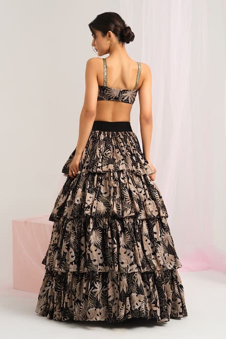 House Of Akshata Black Organza, Satin Sequins, Embroidery Sweetheart Tropical Leaf Lehenga Set Online at Aza Fashions House Of Akshata_Black Organza, Satin Sequins, Embroidery Sweetheart Tropical Leaf Lehenga Set _Online_at_Aza_Fashions