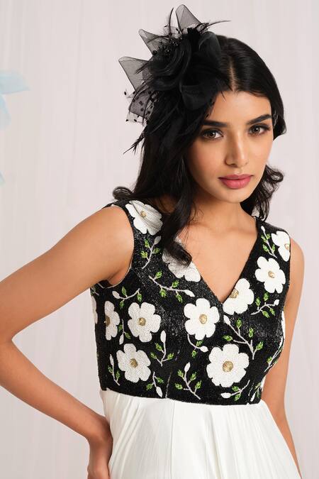 Shop_House Of Akshata_Black Embroidery V-neck And White Floral Gown _Online_at_Aza_Fashions