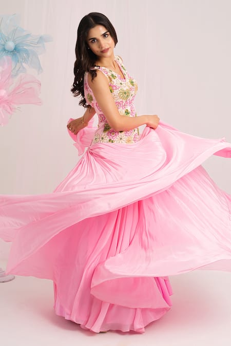 Shop House Of Akshata Pink Crepe Embroidery V-neck Floral Gown Online at Aza Fashions Shop_House Of Akshata_Pink Crepe Embroidery V-neck Floral Gown _Online_at_Aza_Fashions