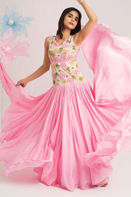 House Of Akshata Pink Crepe Embroidery V-neck Floral Gown Online at Aza Fashions House Of Akshata_Pink Crepe Embroidery V-neck Floral Gown _Online_at_Aza_Fashions
