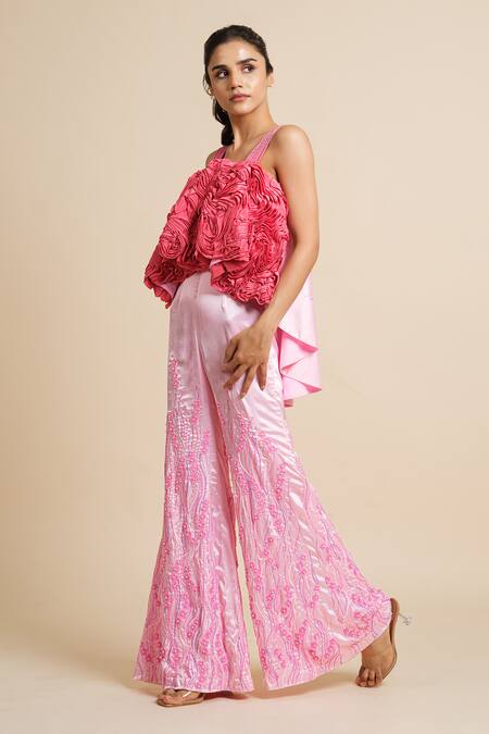 Buy House Of Akshata Pink Satin Embroidery Square Neck Jumpsuit With Floral Embellishments Online at Aza Fashions Buy_House Of Akshata_Pink Satin Embroidery Square Neck Jumpsuit With Floral Embellishments _Online_at_Aza_Fashions