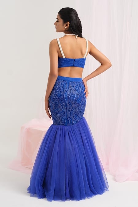 House Of Akshata Blue Organza, Satin, Net Sequins, Beads Sweetheart Designer Fusion Lehenga Set Online at Aza Fashions House Of Akshata_Blue Organza, Satin, Net Sequins, Beads Sweetheart Designer Fusion Lehenga Set _Online_at_Aza_Fashions