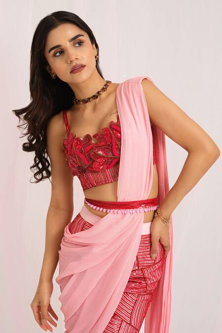 Buy_House Of Akshata_Peach Georgette, Net Embroidery, Beads And Pink Designer Pre-draped Saree Set _Online_at_Aza_Fashions