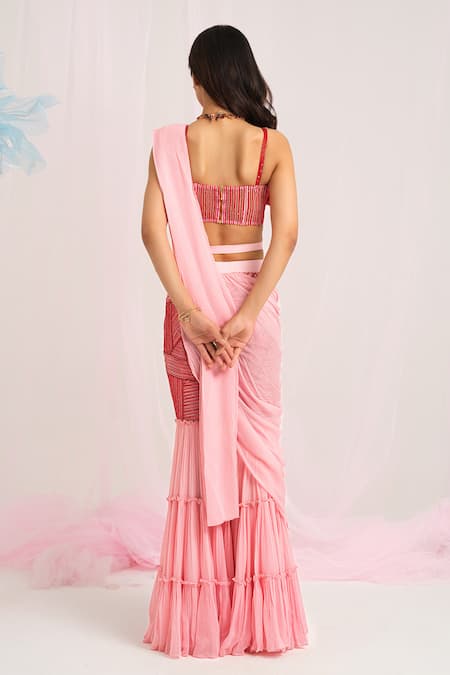 House Of Akshata Peach & Pink Designer Pre-Draped Saree Set 