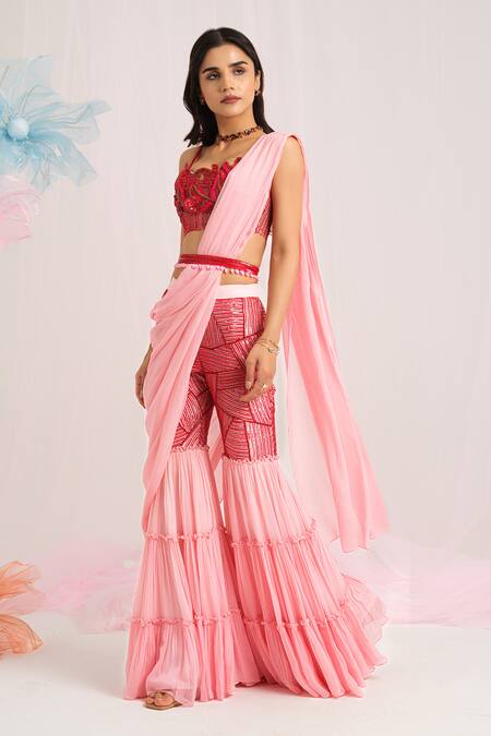 Shop_House Of Akshata_Peach Georgette, Net Embroidery, Beads And Pink Designer Pre-draped Saree Set _Online_at_Aza_Fashions