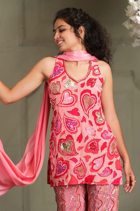 Shop House Of Akshata Red Crepe, Tissue Sequins, Embroidery, Zari Heart Pattern Kurta Set Online at Aza Fashions Shop_House Of Akshata_Red Crepe, Tissue Sequins, Embroidery, Zari Heart Pattern Kurta Set _Online_at_Aza_Fashions