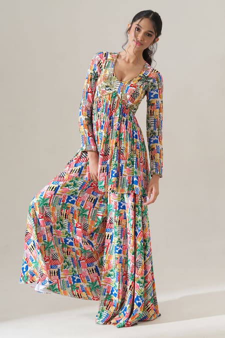 Shop House Of Akshata Multi Color Crepe Radiant Bloom Printed Peplum Kurta And Sharara Set Online at Aza Fashions Shop_House Of Akshata_Multi Color Crepe Radiant Bloom Printed Peplum Kurta And Sharara Set _Online_at_Aza_Fashions