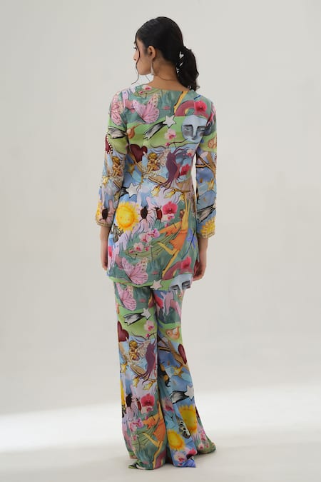 Shop House Of Akshata Multi Color Embroidery V-neck Artisan Flair Printed Kurta And Sharara Set at Aza Fashions Shop_House Of Akshata_Multi Color Embroidery V-neck Artisan Flair Printed Kurta And Sharara Set _at_Aza_Fashions