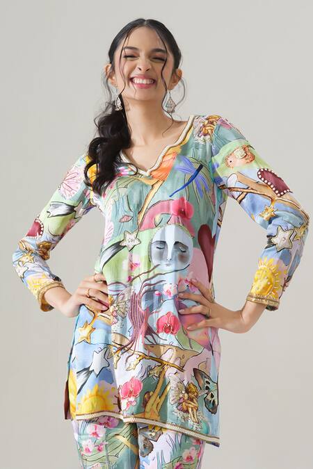 House Of Akshata Multi Color Embroidery V-neck Artisan Flair Printed Kurta And Sharara Set at Aza Fashions House Of Akshata_Multi Color Embroidery V-neck Artisan Flair Printed Kurta And Sharara Set _at_Aza_Fashions