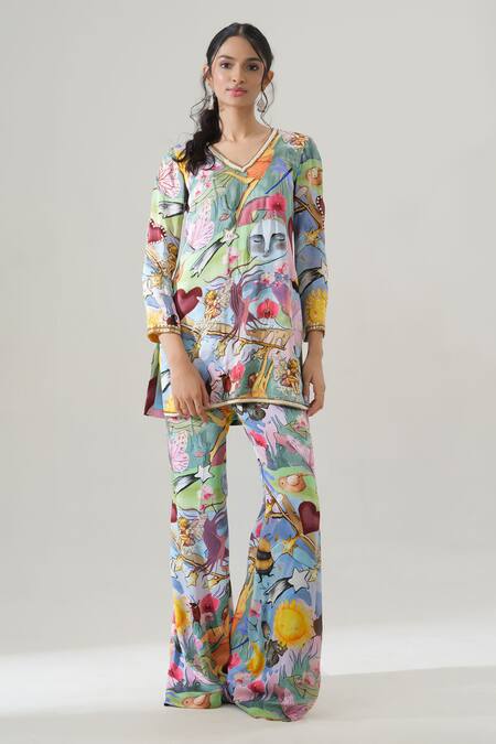 Buy House Of Akshata Multi Color Embroidery V-neck Artisan Flair Printed Kurta And Sharara Set Buy_House Of Akshata_Multi Color Embroidery V-neck Artisan Flair Printed Kurta And Sharara Set