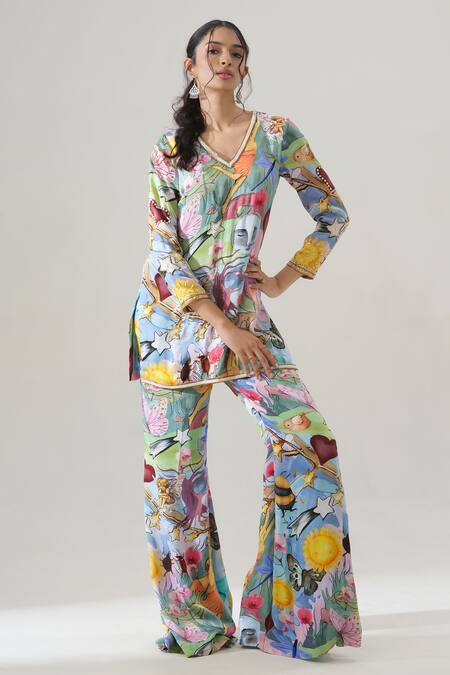 Shop House Of Akshata Multi Color Embroidery V-neck Artisan Flair Printed Kurta And Sharara Set Shop_House Of Akshata_Multi Color Embroidery V-neck Artisan Flair Printed Kurta And Sharara Set