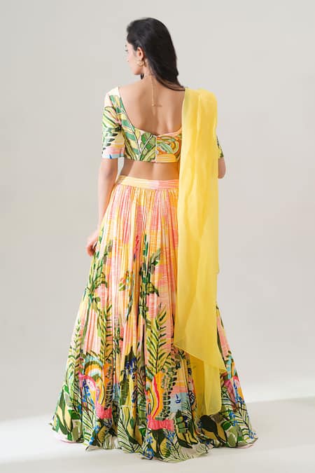 Shop House Of Akshata Yellow Crepe, Organza Beads Sunlit Tropics Printed Lehenga Set at Aza Fashions Shop_House Of Akshata_Yellow Crepe, Organza Beads Sunlit Tropics Printed Lehenga Set _at_Aza_Fashions