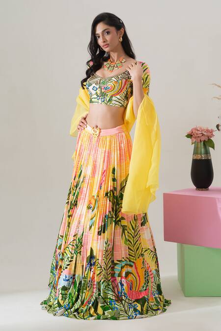 House Of Akshata Yellow Crepe, Organza Beads Sunlit Tropics Printed Lehenga Set Online at Aza Fashions House Of Akshata_Yellow Crepe, Organza Beads Sunlit Tropics Printed Lehenga Set _Online_at_Aza_Fashions