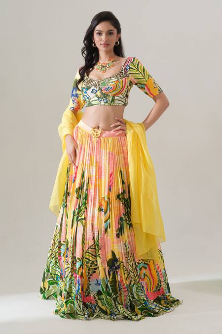 Buy House Of Akshata Yellow Crepe, Organza Beads Sunlit Tropics Printed Lehenga Set Online at Aza Fashions Buy_House Of Akshata_Yellow Crepe, Organza Beads Sunlit Tropics Printed Lehenga Set _Online_at_Aza_Fashions