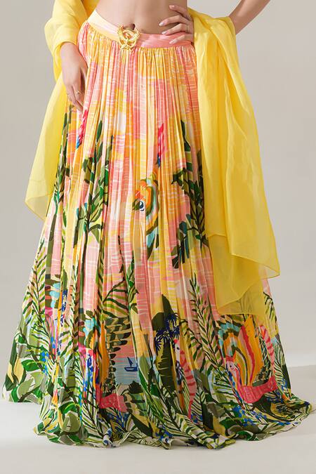 House Of Akshata Yellow Crepe, Organza Beads Sunlit Tropics Printed Lehenga Set at Aza Fashions House Of Akshata_Yellow Crepe, Organza Beads Sunlit Tropics Printed Lehenga Set _at_Aza_Fashions