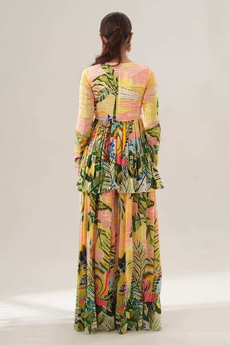 Shop House Of Akshata Yellow Crepe, Net Embroidery V-neck Tropical Breeze Peplum Kurta Set at Aza Fashions Shop_House Of Akshata_Yellow Crepe, Net Embroidery V-neck Tropical Breeze Peplum Kurta Set _at_Aza_Fashions