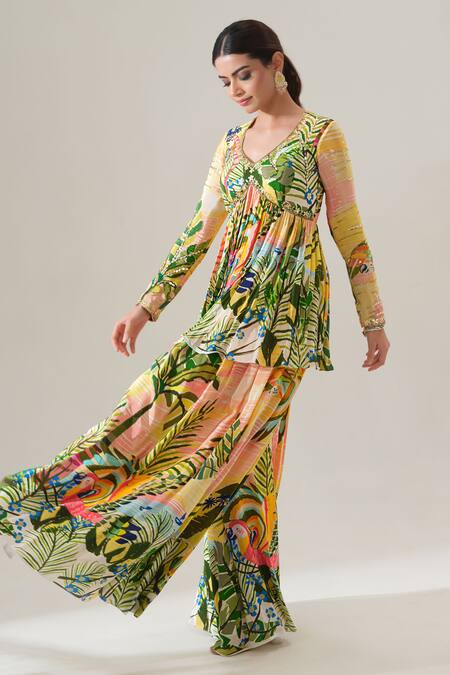 Buy House Of Akshata Yellow Crepe, Net Embroidery V-neck Tropical Breeze Peplum Kurta Set Online at Aza Fashions Buy_House Of Akshata_Yellow Crepe, Net Embroidery V-neck Tropical Breeze Peplum Kurta Set _Online_at_Aza_Fashions