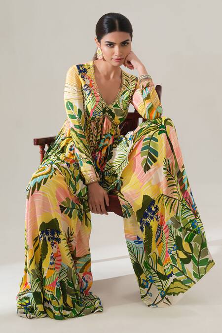 Shop House Of Akshata Yellow Crepe, Net Embroidery V-neck Tropical Breeze Peplum Kurta Set Online at Aza Fashions Shop_House Of Akshata_Yellow Crepe, Net Embroidery V-neck Tropical Breeze Peplum Kurta Set _Online_at_Aza_Fashions