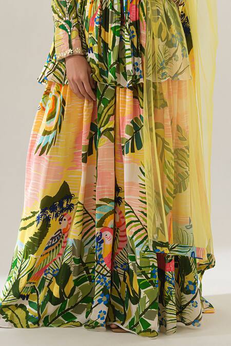 House Of Akshata Yellow Crepe, Net Embroidery V-neck Tropical Breeze Peplum Kurta Set at Aza Fashions House Of Akshata_Yellow Crepe, Net Embroidery V-neck Tropical Breeze Peplum Kurta Set _at_Aza_Fashions